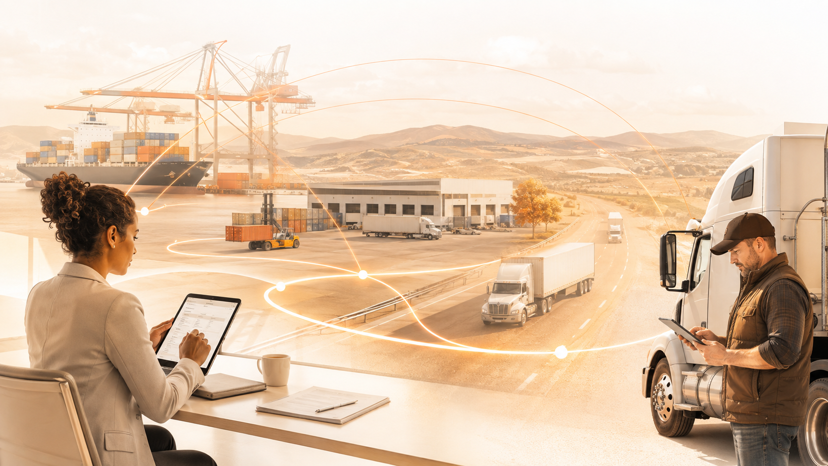 A shipper and an independent carrier review their own freight decisions across a connected port, warehouse and highway network.